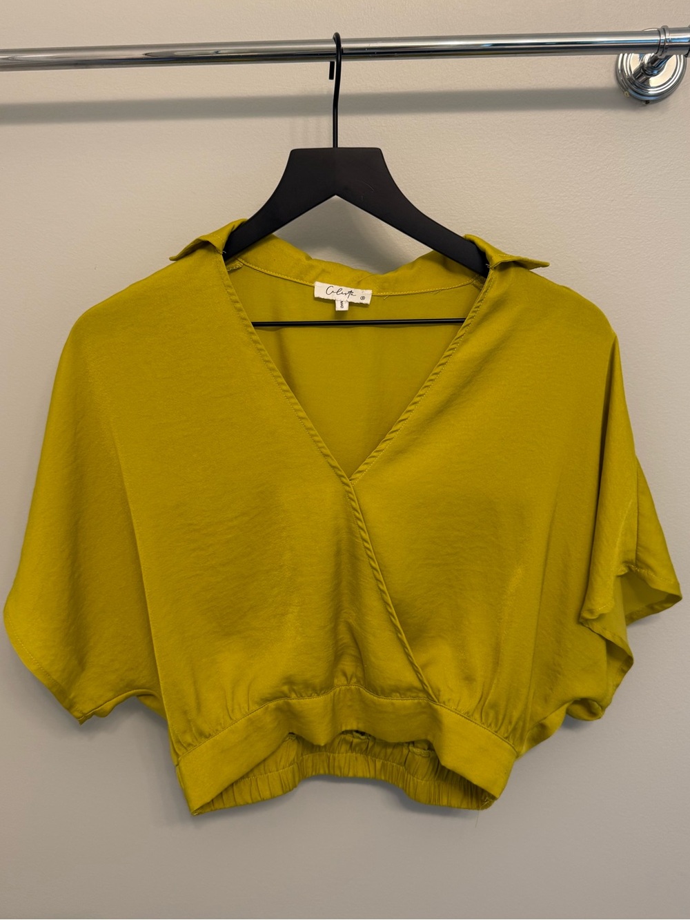 Calista Chartreuse Satin Cropped Blouse | Dolman Sleeve Wrap Top Size S